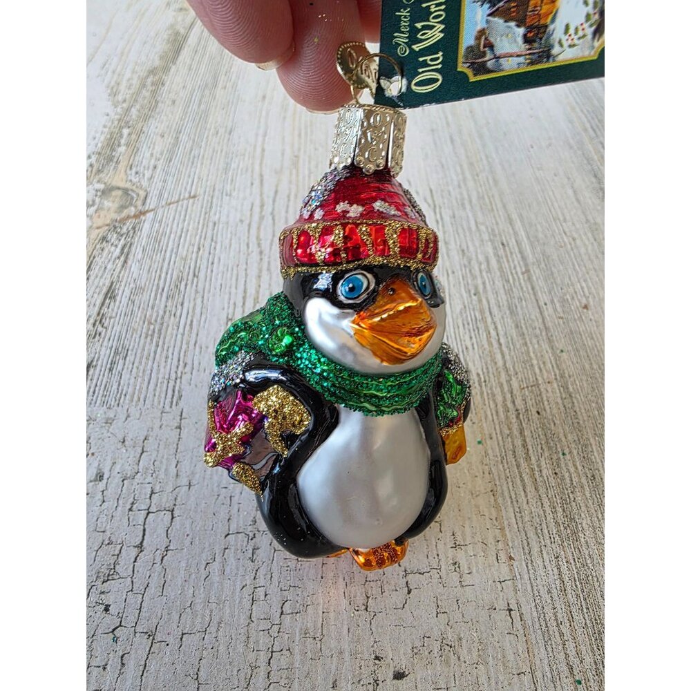 OWC old world‎ perky penguin bird glass ornament glitter Xmas tree zoo